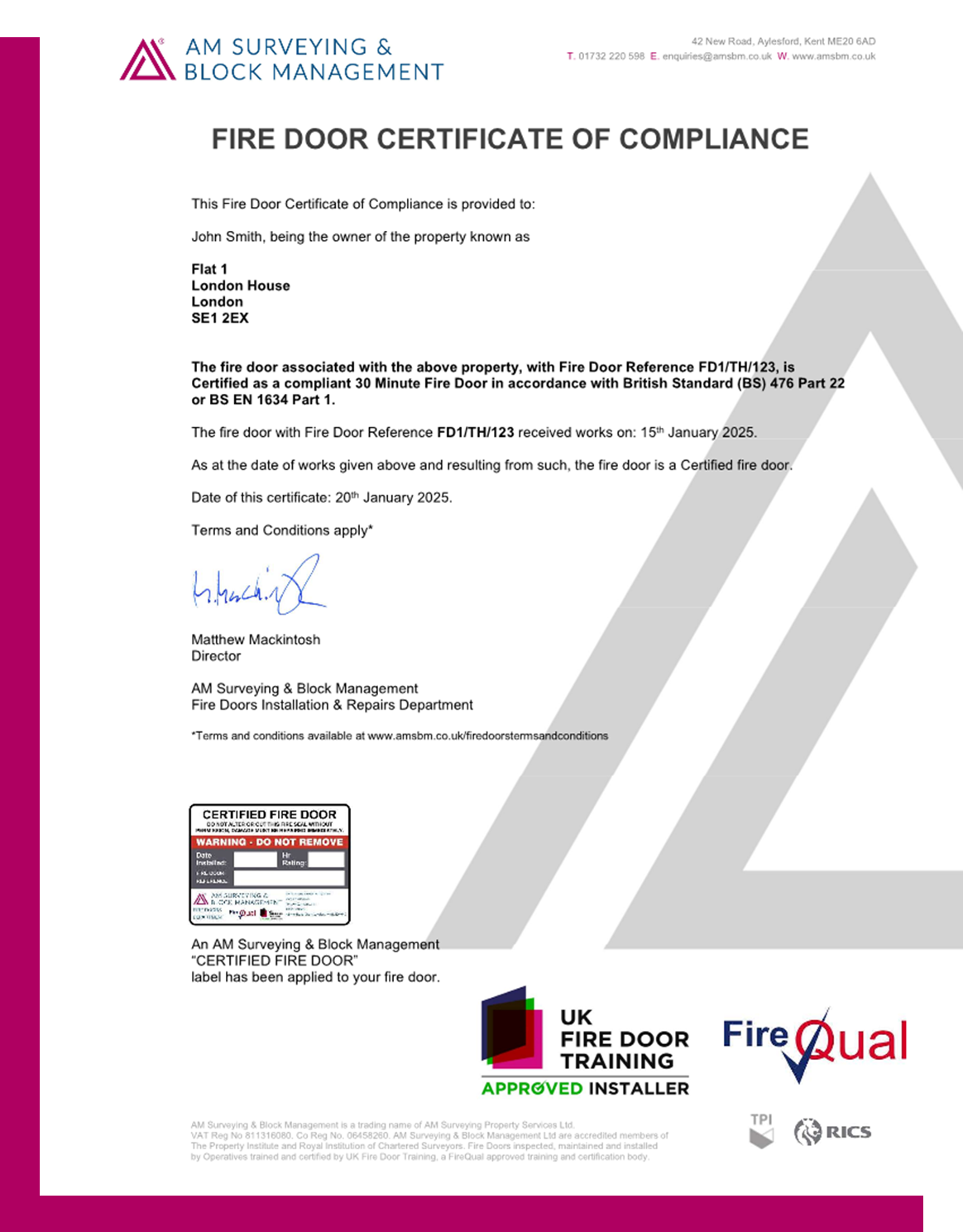 Fire Door Certificate of Compliance